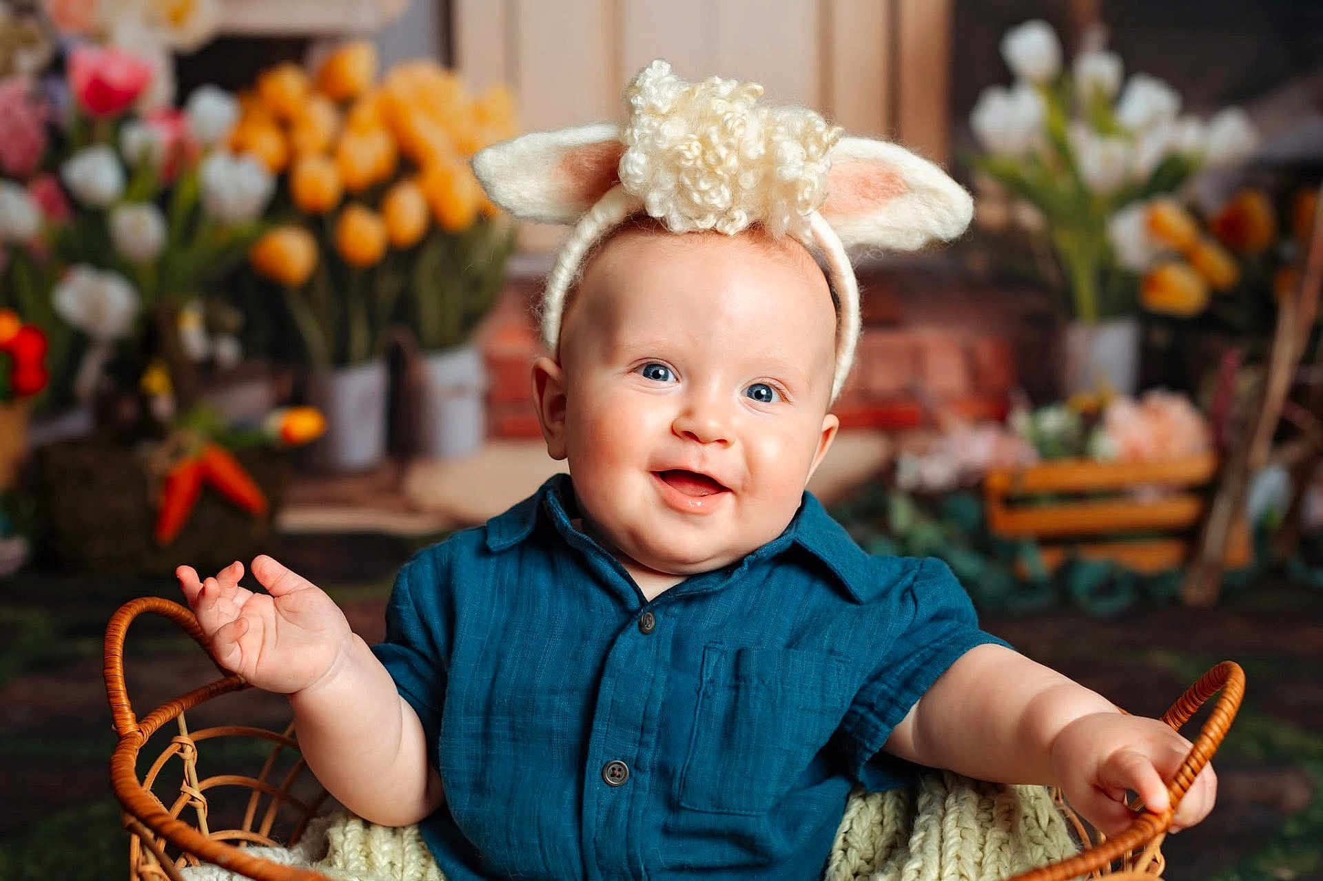Ethan is registered to the contest to win money with this photo: baby, infant, bunny_ears, headband, blue_shirt, wicker_basket, smile, chubby_cheeks, portrait, studio_photo, tulips, flowers, props, blanket, cute, happy, eyes, sitting, spring, indoor