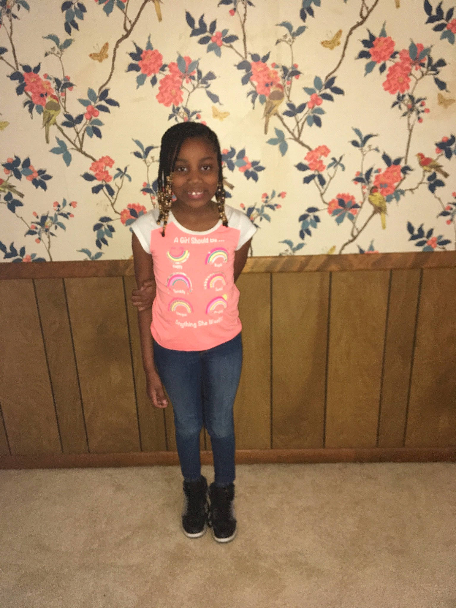 Jaida is registered to the contest to win money with this photo: child, joy, pattern, person, pink, standing, toddler, wallpaper