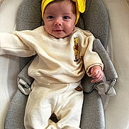 Nova joined the competition — help win amazing prizes! baby, infant, yellow_headband, winnie_the_pooh, cream_outfit, baby_chair, cushion, smile, face, child, indoors, comfort, clothing, person, cute, portrait, seated, soft_texture, casual, young_child