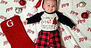 Emmett is registered to the contest to win money with this photo: baby, infant, christmas, holiday, festive, stocking, ornaments, santa_hat, plaid_pants, blanket, joy_text, red_color, white_color, smiling, cute, lying_down, holiday_decor, child, christmas_theme, cozy