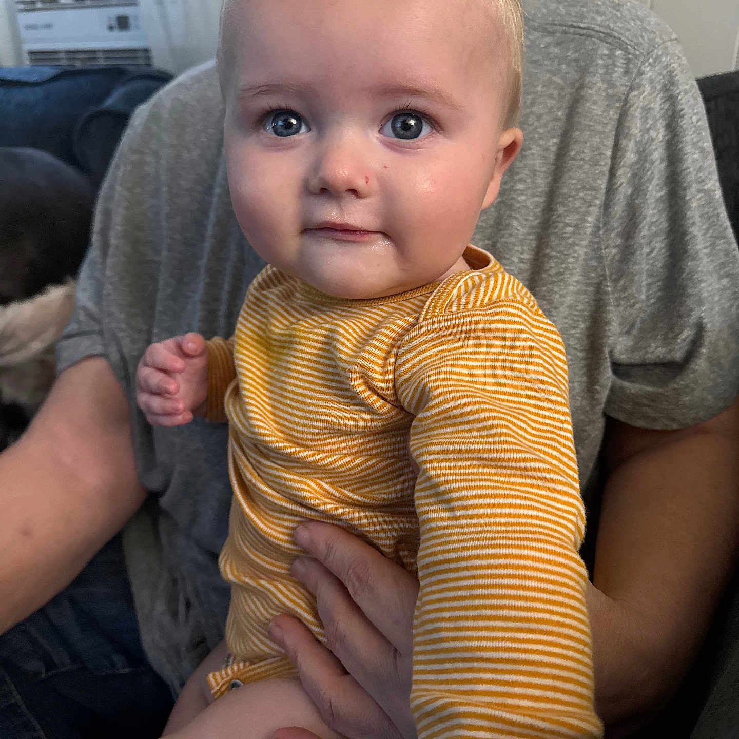 Braxton is registered to the contest to win money with this photo: baby, infant, child, portrait, sitting, held, smiling, wide_eyes, striped_clothing, yellow, onesie, indoors, adult, parent, lap, home, window, air_conditioner, couch, family