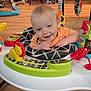 Ryker is registered to the contest to win money with this photo: baby, child, infant, activity_center, toy, yellow_lion_toy, panda_toy, orange_shirt, smiling, happy, indoor, wooden_floor, feet, playtime, toddler, colorful, seat, baby_toys, cute, face