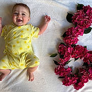 Lola a rejoint le concours — aidez-le/la à gagner de superbes lots ! baby, child, smiling, yellow_outfit, sun_pattern, pink_flowers, number_six, white_blanket, happy, portrait, infant, cute, celebration, floral_arrangement, laying_down, arms_up, small_feet, skin, person, indoors