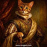 cat, portrait, regal, royalty, costume, renaissance, jewelry, cane, paw, feline, digital_art, ornate, clothing, historical_style, luxury, fabric, drapery, green_eyes, animal, humor