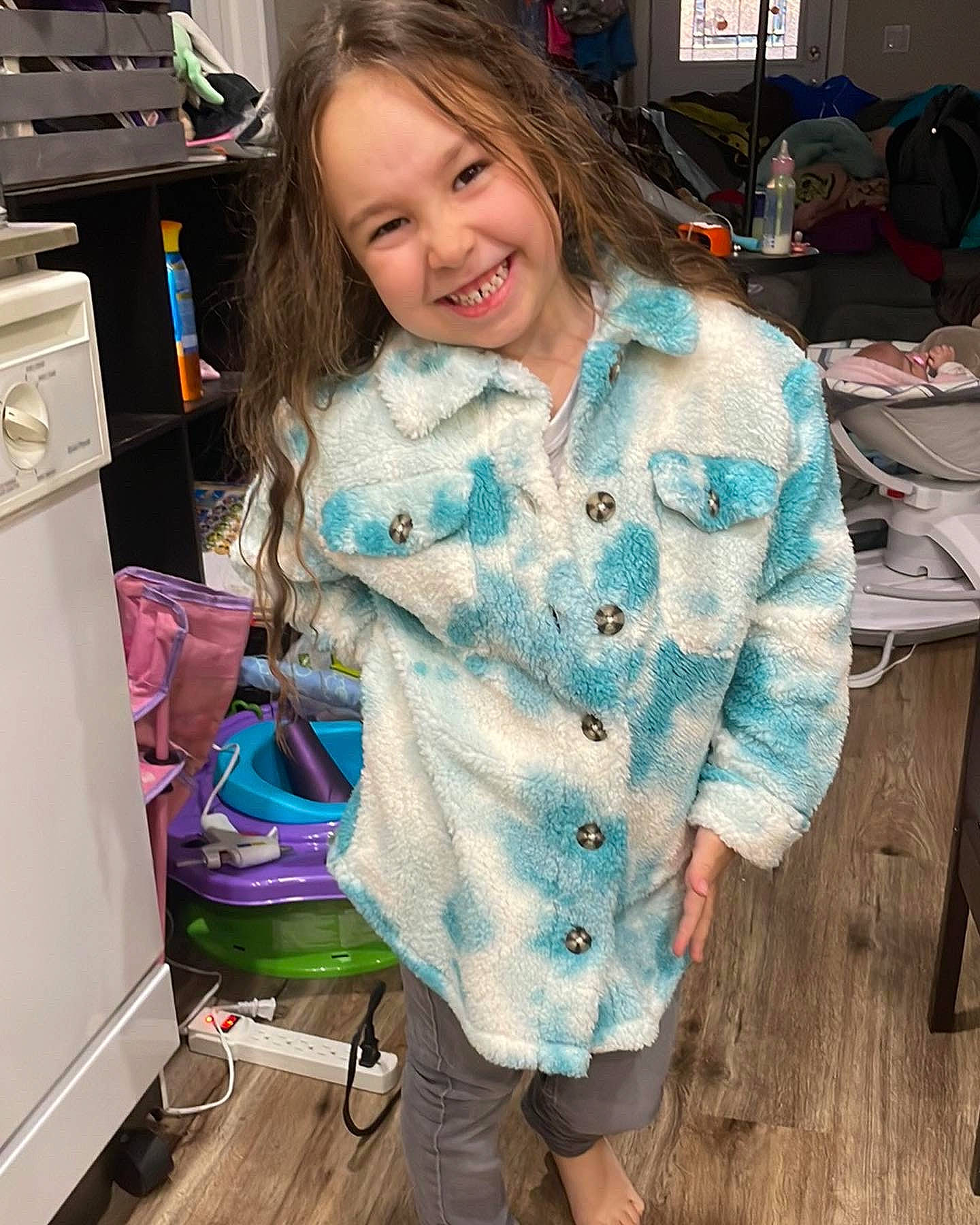 Talia-rose joined the competition — help win amazing prizes! blond, child, electric_blue, fun, hairstyle, happy, joint, joy, kitchen_appliance, pattern, person, plaid, shorts, shoulder, sleeve, smile, snapshot, standing, t_shirt, tartan