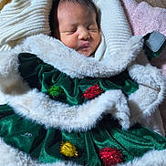 Heyzel joined the competition — help win amazing prizes! baby, newborn, sleeping, face, fur_trim, green_velvet, festive_clothing, soft_blanket, wrapped, cute, infant, cozy, holiday_outfit, child, portrait, indoors, peaceful, tiny, adorable, warm