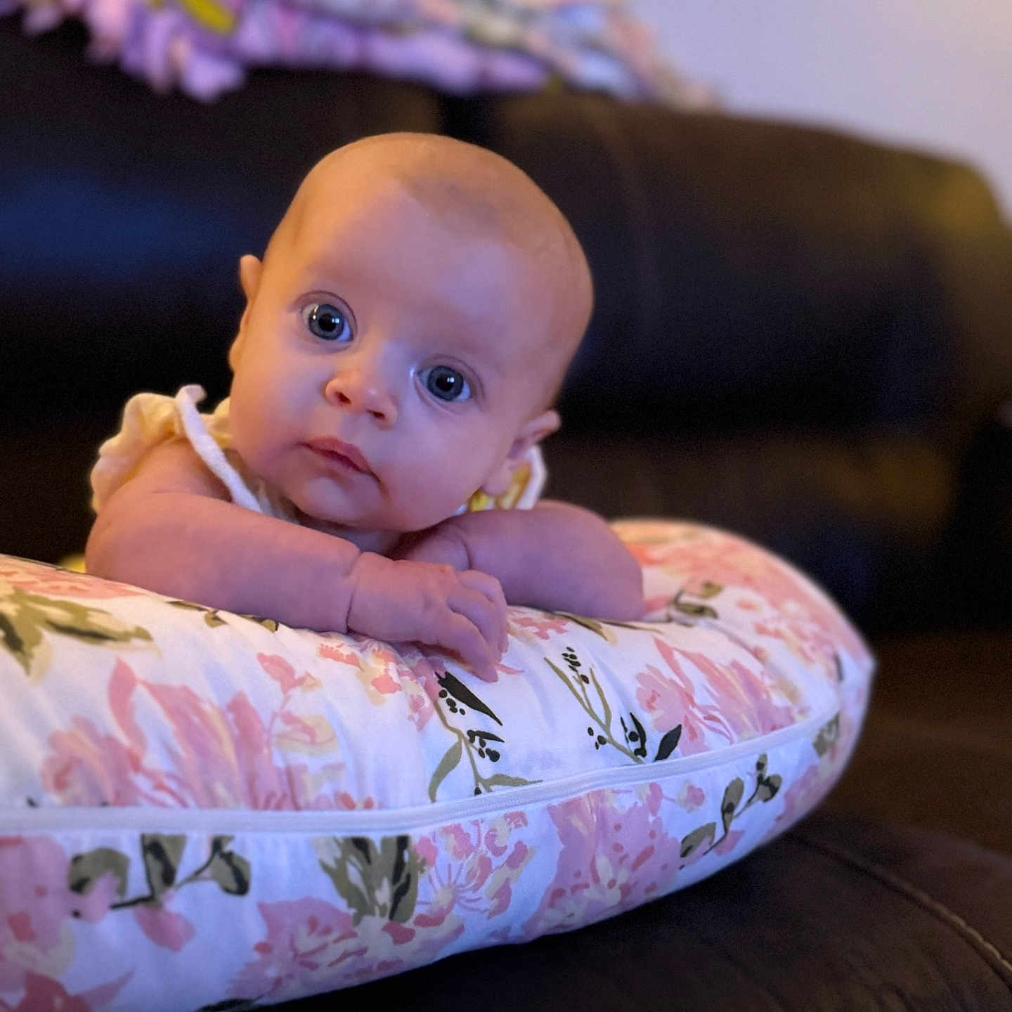 Adilynne joined the competition — help win amazing prizes! arms, baby, blanket, child, closeup, comfort, couch, curious, eyes, face, floral_pattern, head, indoor, infant, person, pillow, portrait, seated, skin, soft_focus