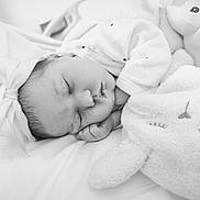 Shana participe au concours pour gagner de l'argent avec cette photo : baby, sleeping, infant, bow, headband, blanket, plush_toy, soft, cozy, black_and_white, peaceful, cute, child, newborn, resting, portrait, indoors, closeup, toddler, sleep