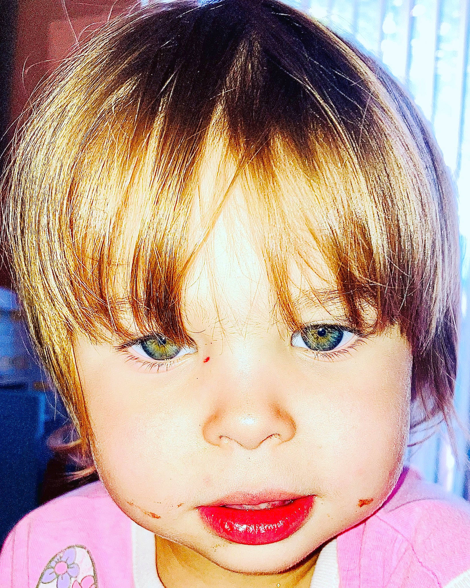 Eliza is registered to the contest to win money with this photo: bangs, cheek, child, chin, cool, ear, eyebrow, eyelash, forehead, happy, human_body, iris, jaw, lip, no_expression, nose, person, pink, skin, toddler