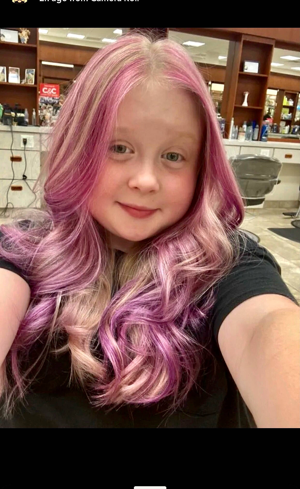 Kylee is registered to the contest to win money with this photo: black_hair, cheek, cool, eyebrow, eyelash, forehead, fun, happy, iris, jaw, layered_hair, lip, long_hair, magenta, mouth, person, pink, purple, skin, smile