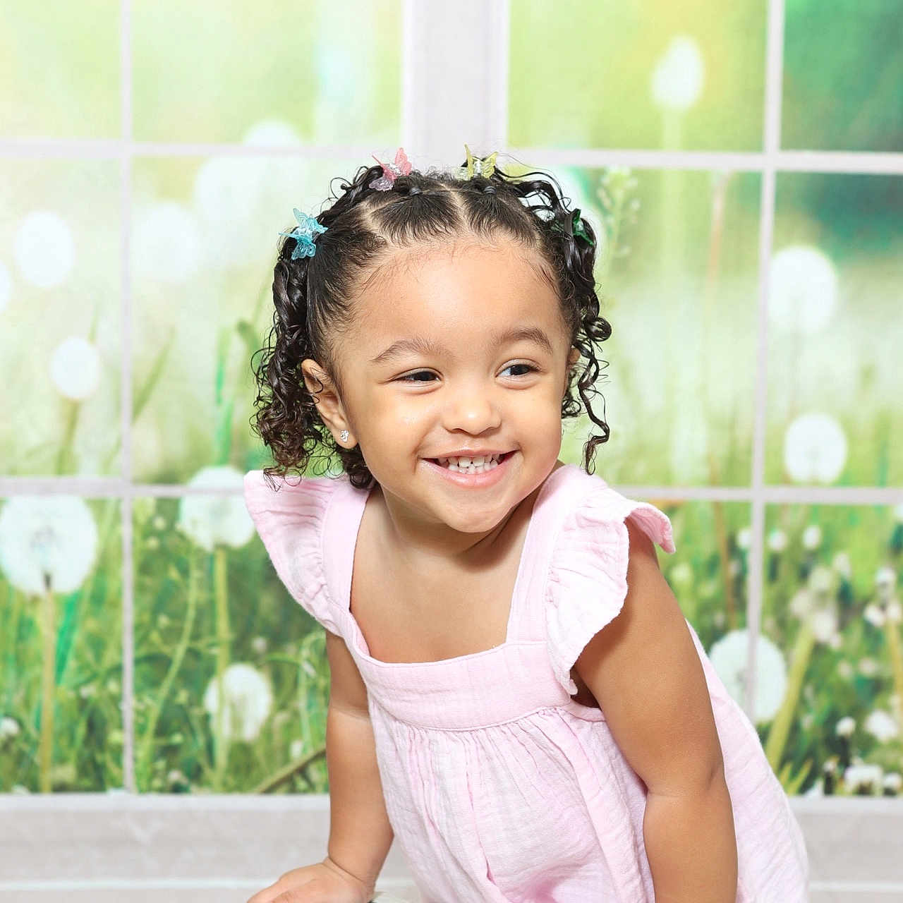 Alahni is registered to the contest to win money with this photo: child, clothing, dress, face, female, flower, furniture, girl, hair, happy, head, pants, person, photography, plant, portrait, sitting, sleeve, smile, wood