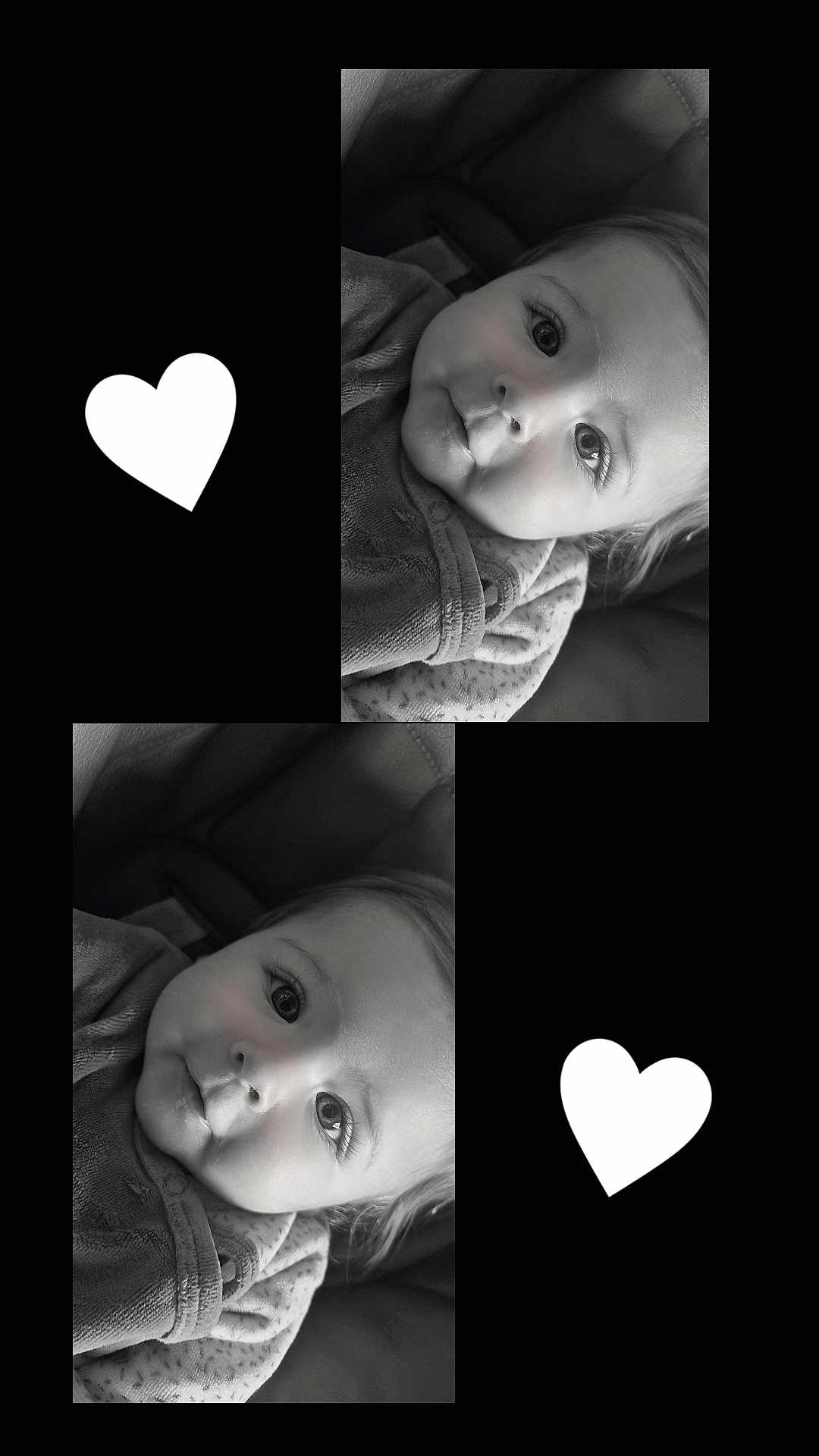 Inaya a rejoint le concours — aidez-le/la à gagner de superbes lots ! baby, infant, child, face, eyes, eyelashes, portrait, black_and_white, blanket, clothing, collage, heart_shape, cute, close_up, smile, seat, infantwear, soft_texture, two_photos, car_seat