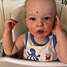 toddler, child, messy_face, high_chair, indoor, curious, blue_eyes, tank_top, food_stains, wild_hair, cute, playful, baby, seat, feeding_time, expression, person, young_child, casual_clothing, portrait
