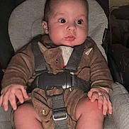 Thyago a rejoint le concours — aidez-le/la à gagner de superbes lots ! baby, brown_clothing, car_seat, child, clothing, curious_expression, cute_outfit, face, feet, hands, head, indoor, infant, person, safety_harness, seat, sitting, straps, wide_eyes, young_child