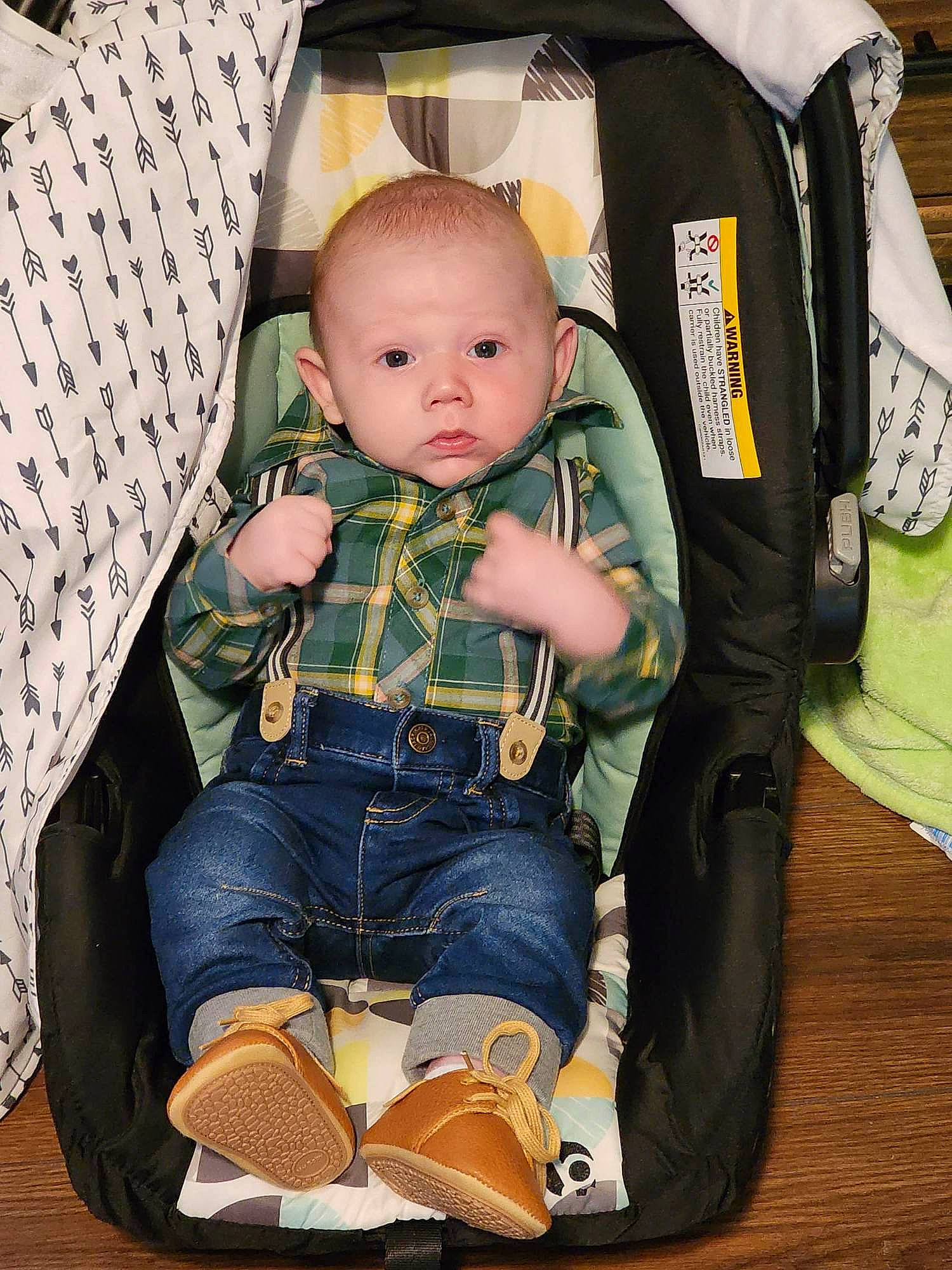 Reid joined the competition — help win amazing prizes! baby, baby_carriage, baby_products, baby_safety, baby_toddler_clothing, bag, chair, cheek, child, comfort, denim, eye, jeans, lap, pattern, person, sitting, sleeve, toddler
