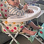 baby, high_chair, food, indoor, child, toys, furniture, pouty_expression, striped_clothing, footrest, carpet, living_room, colorful_pattern, face, person, seat, cute, curious, hand, table