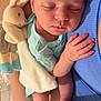 newborn, baby, sleeping, plush_toy, bunny, hand, foot, person, lap, blue_clothing, soft_toy, infant, cute, peaceful, closeup, skin, rest, comfort, toddler, child