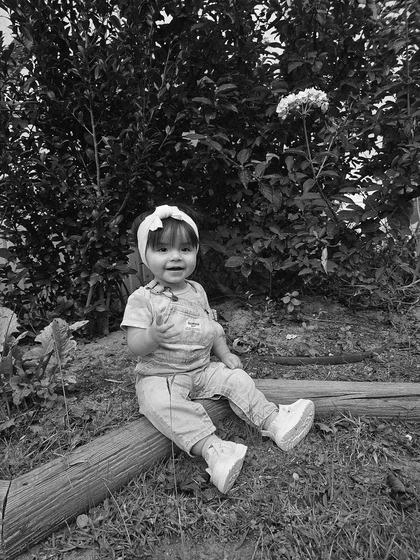 Elizabeth is registered to the contest to win money with this photo: toddler, child, overalls, headband, shoes, garden, bushes, flower, grass, wood, outdoor, smile, sitting, nature, portrait, young_child, person, plants, black_and_white, casual_clothing