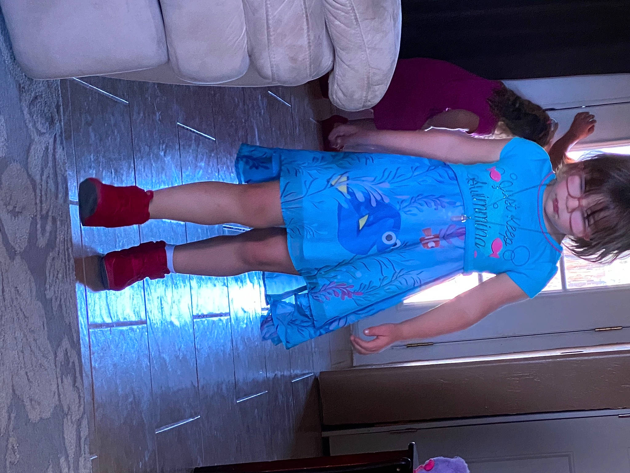 Cassie Pettit is registered to the contest to win money with this photo: azure, carmine, dress, elbow, electric_blue, fashion_design, foot, fun, gesture, human_leg, joint, knee, magenta, person, pink, purple, red, textile, thigh, white