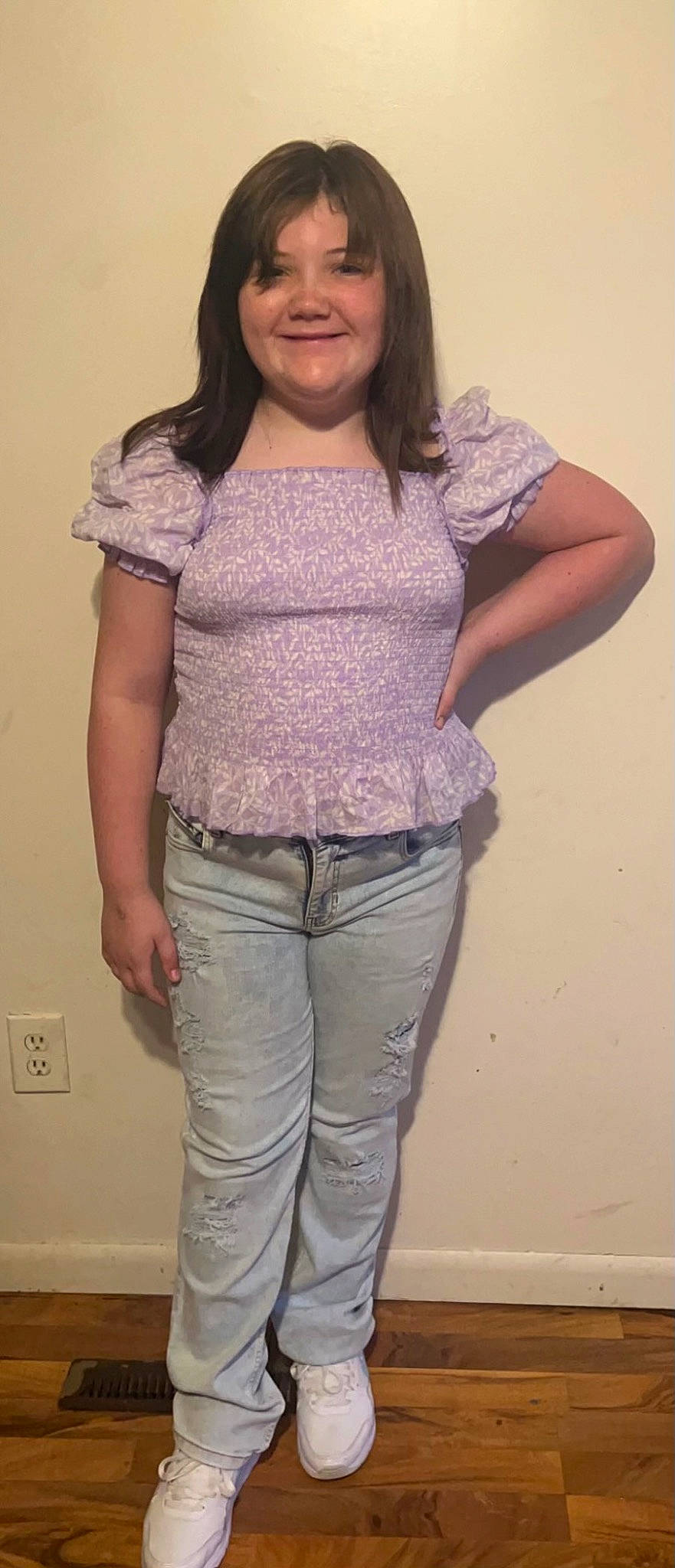 Elise joined the competition — help win amazing prizes! arm, chest, denim, electric_blue, fashion_design, grey, happy, joint, joy, long_hair, magenta, neck, organ, person, shoulder, sleeve, smile, standing, t_shirt, thigh