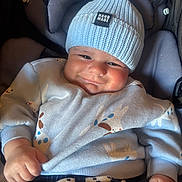 Lincoln is registered to the contest to win money with this photo: baby, child, smile, hat, knit_hat, blue_clothing, sweater, animal_print, car_seat, infant, cute, chubby_cheeks, hand_made_label, clothing, person, portrait, indoors, happy, young_child, casual