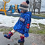 Jayden is registered to the contest to win money with this photo: child, toddler, beanie, pom_pom, spiderman_jacket, boots, puddle, splash, playground, slide, snow, winter, park, trees, reflection, sign, grass, jacket, outdoor, play