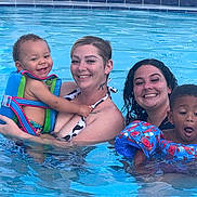 Terrance is registered to the contest to win money with this photo: blue, child, family, floatation_device, fun, happy, life_jacket, outdoor, people, playful, pool, smile, splash, summer, swimming, swimwear, toddler, water, water_activity, woman