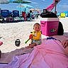 Terrance is registered to the contest to win money with this photo: beach, beach_chair, blue_sky, canopy, child, cooler, family, outdoor, pink, play, relaxation, sand, sandals, shovel, summer, sunny, toddler, toy, umbrella, vacation