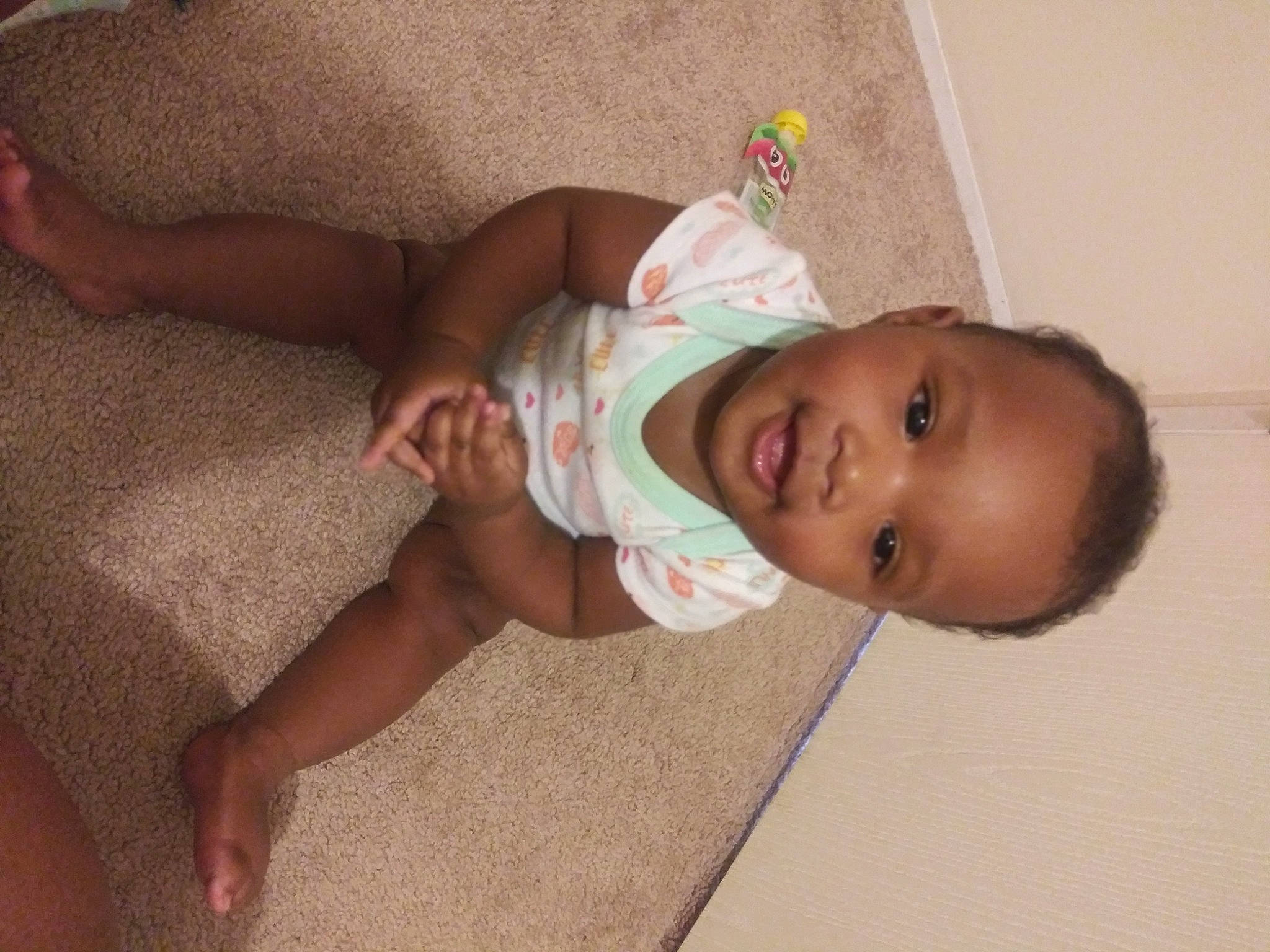 Jurnee joined the competition — help win amazing prizes! baby, baby_toddler_clothing, barefoot, cheek, child, comfort, flooring, foot, happy, head, human_body, human_leg, linens, nail, nose, pattern, person, room, skin, toddler