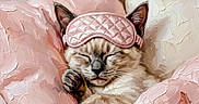 Little Judy is registered to the contest to win money with this photo: cat, sleeping, pink_sleep_mask, pink_pillows, bed, cozy, fur, whiskers, closed_eyes, relaxed, cute, animal, domestic_cat, resting, soft_texture, impressionist_style, painting, art, indoor, cute_pet