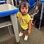 Mia is registered to the contest to win money with this photo: child, toddler, classroom, desk, yellow_shirt, white_sneakers, curious, standing, children, teacher, carpet, blue_chair, hair_tied, shorts, indoor, school, person, learning, education, young