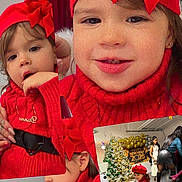 Danna is registered to the contest to win money with this photo: child, toddler, girl, red_hat, red_bow, red_sweater, knit_turtleneck, collage, christmas_tree, balloons, new_year_sign, party, indoor, portrait, smile, full_body, boots, accessory, jewelry, hands