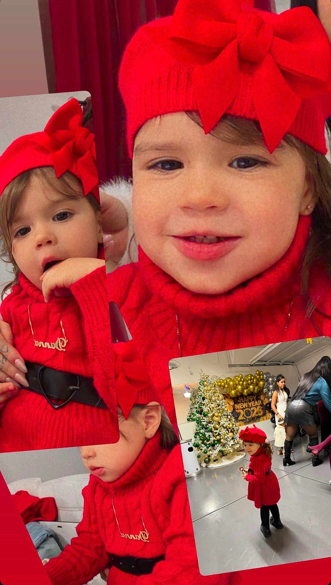 Danna is registered to the contest to win money with this photo: child, toddler, girl, red_hat, red_bow, red_sweater, knit_turtleneck, collage, christmas_tree, balloons, new_year_sign, party, indoor, portrait, smile, full_body, boots, accessory, jewelry, hands