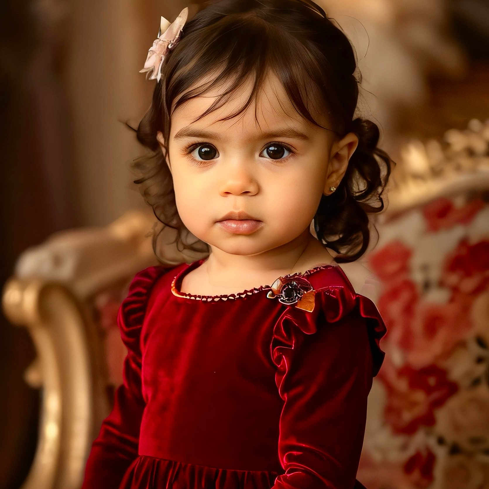 Danna Paola joined the competition — help win amazing prizes! background, bow, child, curly_hair, cute, dress, earrings, elegant, eyes, face, fashion, furniture, girl, indoor, long_sleeves, person, portrait, toddler, velvet, vintage