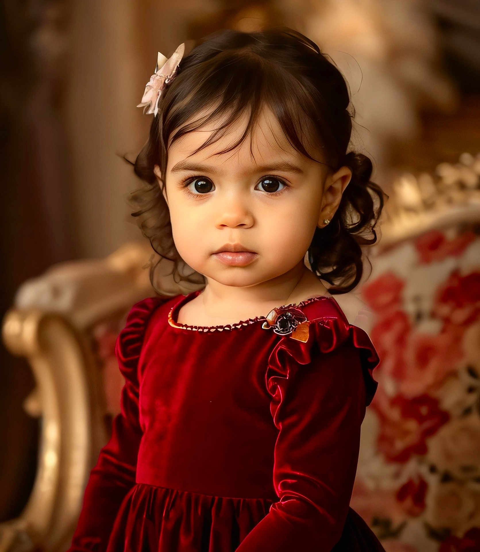 Danna Paola joined the competition — help win amazing prizes! background, bow, child, curly_hair, cute, dress, earrings, elegant, eyes, face, fashion, furniture, girl, indoor, long_sleeves, person, portrait, toddler, velvet, vintage