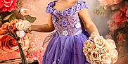 Danna Paola is registered to the contest to win money with this photo: bouquet, celebration, child, cute, dress, elegant, floral_background, flower_crown, flowers, girl, headband, indoor, lace, portrait, posing, purple_dress, smiling, studio_photo, tulle, young_child
