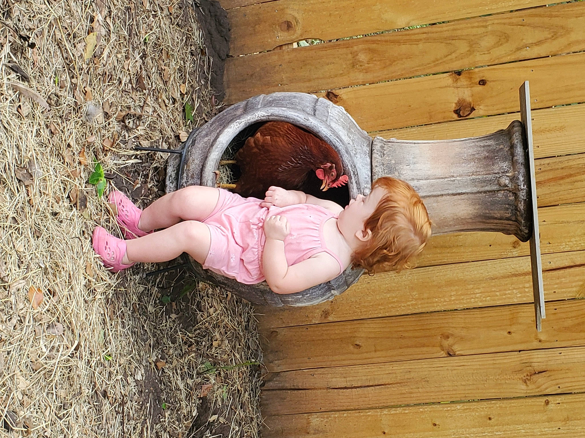 Coral is registered to the contest to win money with this photo: baby, baby_toddler_clothing, child, foot, fun, grass, hand, happy, hardwood, head, human_body, leg, leisure, people_in_nature, person, pink, sitting, soil, toddler, tree