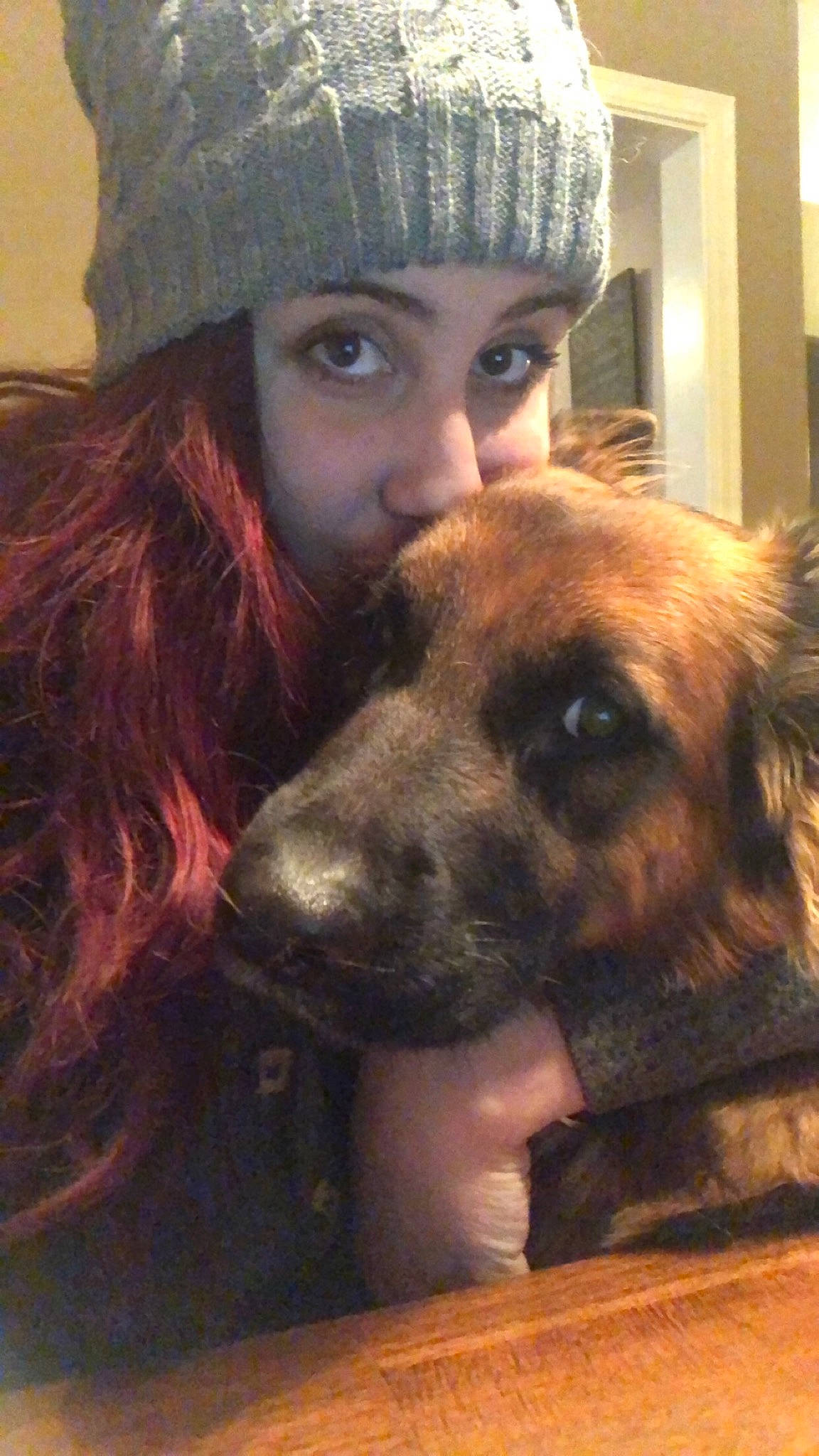 Mya Jade is registered to the contest to win money with this photo: dog, dog_breed, dog_breed_group, dog_like_mammal, ear, facial_hair, fur, person, selfie, snout