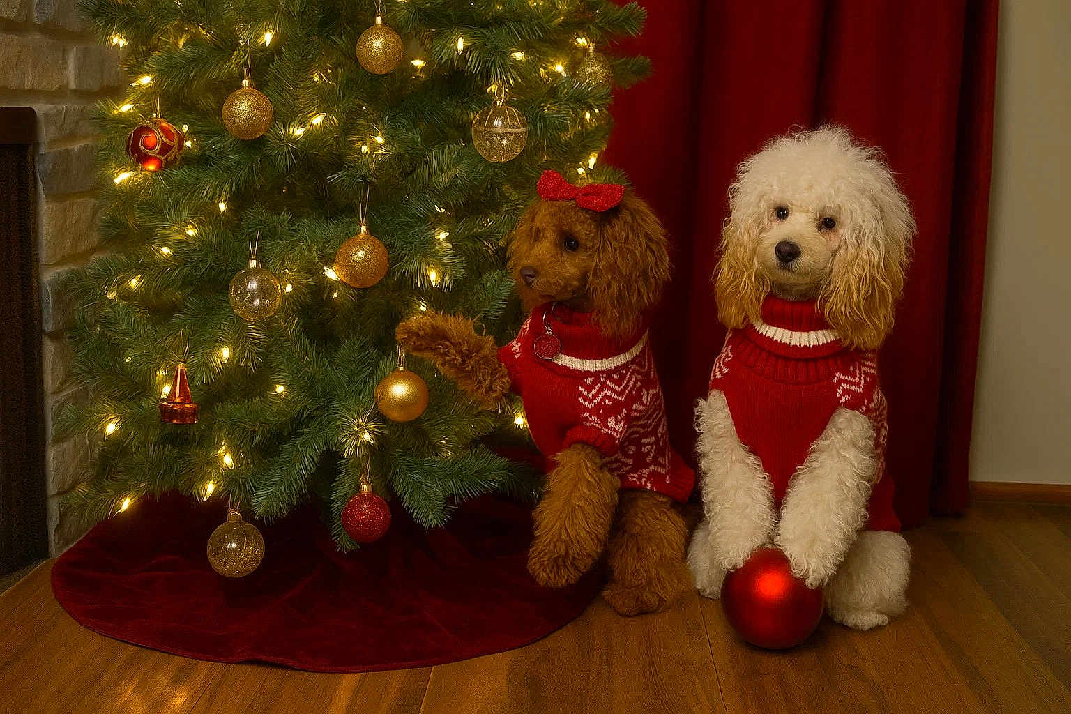 Jazmine is registered to the contest to win money with this photo: dog, poodle, christmas_tree, ornaments, red_sweater, holiday, festive, indoor, decorations, paw, red_bow, wooden_floor, lights, christmas_lights, cute, pet, holiday_season, christmas_ball, fur, red_curtain