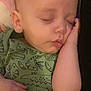 Stefan is registered to the contest to win money with this photo: baby, sleeping, infant, child, onesie, hand, face, peaceful, nap, cute, green, animal_print, portrait, skin, closeup, resting, indoors, soft_light, peace, calm
