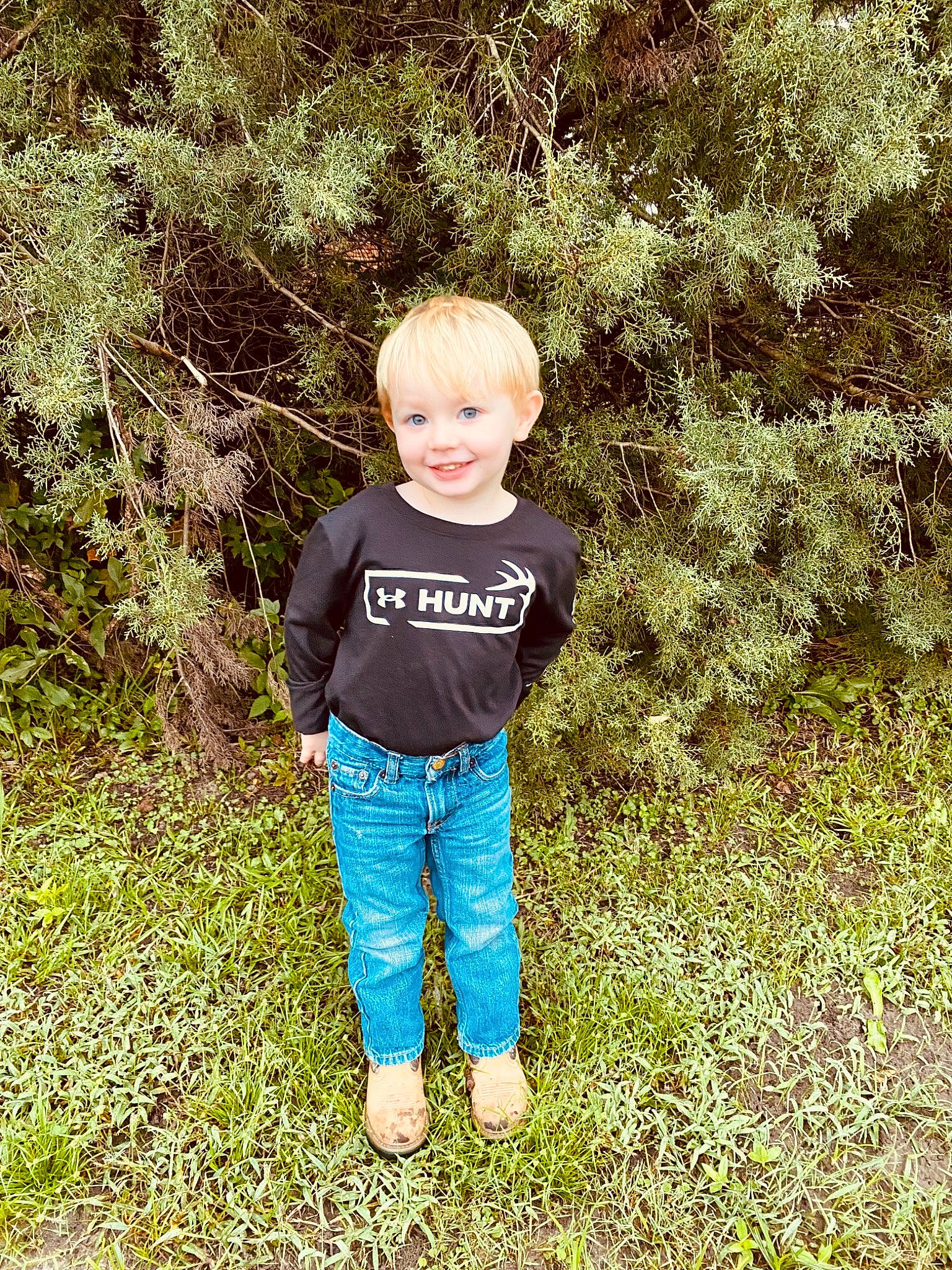 Benton joined the competition — help win amazing prizes! baby_toddler_clothing, child, electric_blue, forest, fun, grass, grass_family, grassland, happy, joy, natural_landscape, people_in_nature, person, plant, sleeve, smile, soil, t_shirt, toddler, tree