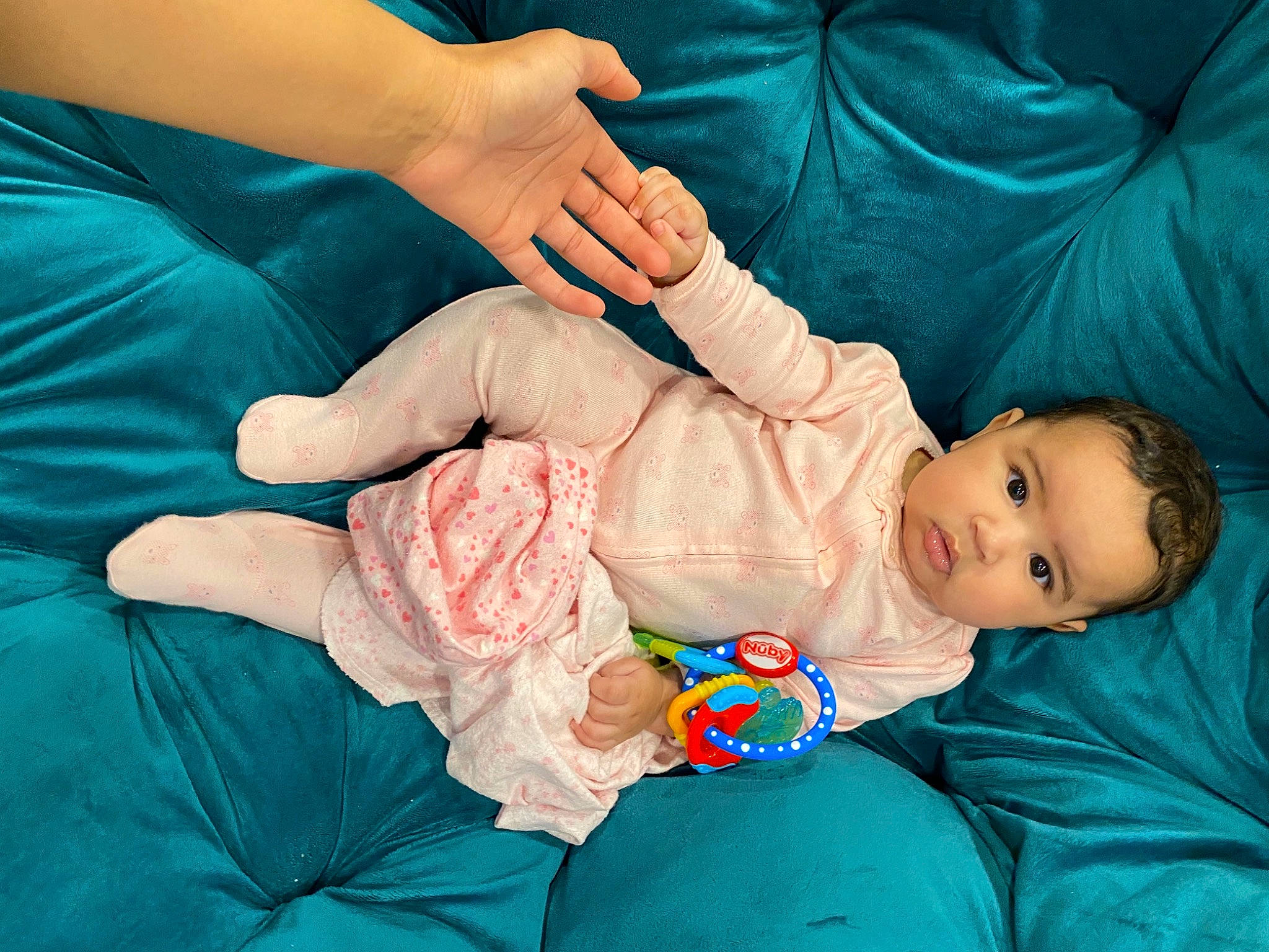 Brélyn joined the competition — help win amazing prizes! baby, baby_products, baby_sleeping, baby_toddler_clothing, blue, cheek, child, comfort, event, finger, gesture, hand, linens, mouth, nail, pattern, person, skin, textile, thumb