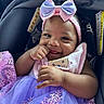 Azai joined the competition — help win amazing prizes! baby, bib, bow, car_seat, child, clothing, cute, fabric, hand, happy, headband, indoors, infant, lace, person, portrait, purple_dress, seat, smiling, teddy_bear