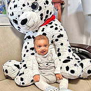 Ibrahim joined the competition — help win amazing prizes! baby, plush_toy, dalmatian, stuffed_animal, couch, smiling, child, indoor, clothing, white_tights, footwear, home, furniture, cute, happy, portrait, seated, toy, red_collar, decor