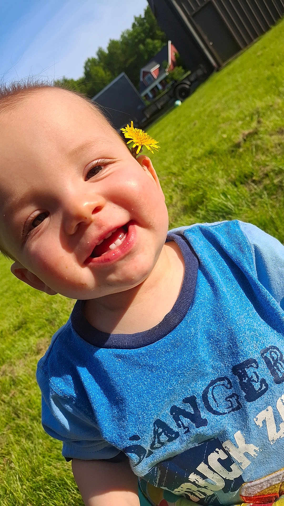 Jasper joined the competition — help win amazing prizes! child, toddler, smiling, flower, yellow_flower, blue_shirt, outdoor, grass, sunny, daylight, happy, face, portrait, nature, house, greenery, playful, cute, person, closeup