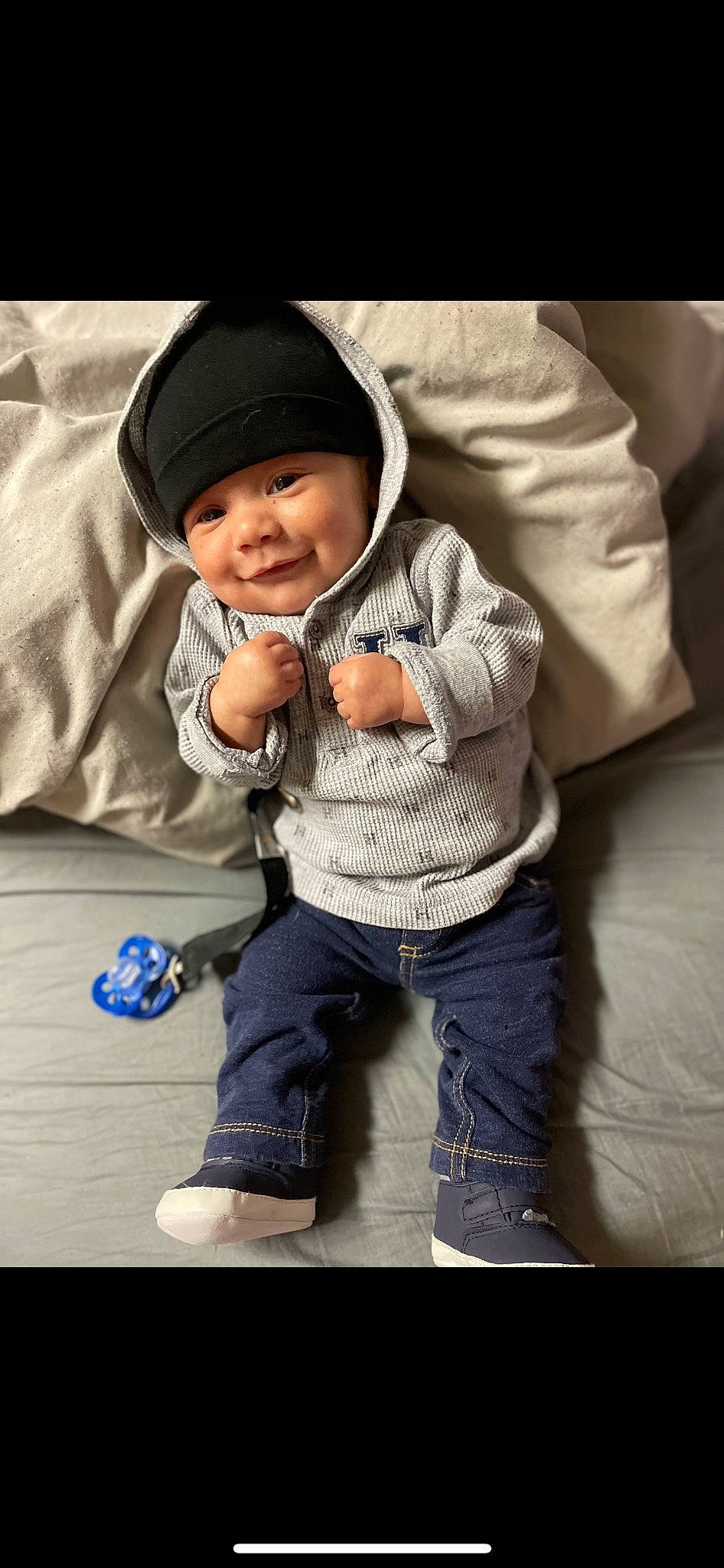Jaxon joined the competition — help win amazing prizes! baby, baby_toddler_clothing, cap, cheek, child, comfort, denim, fashion_accessory, flash_photography, fun, gesture, happy, headgear, headwear, joy, pattern, person, play, portrait_photography, sitting