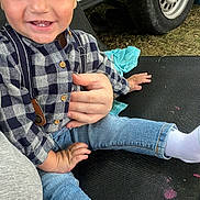 Eyden participe au concours pour gagner de l'argent avec cette photo : toddler, child, smiling, happy, jeans, checkered_shirt, socks, hand, outdoor, wheel, tire, fabric, person, sitting, casual, cute, clothing, skin, face, baby