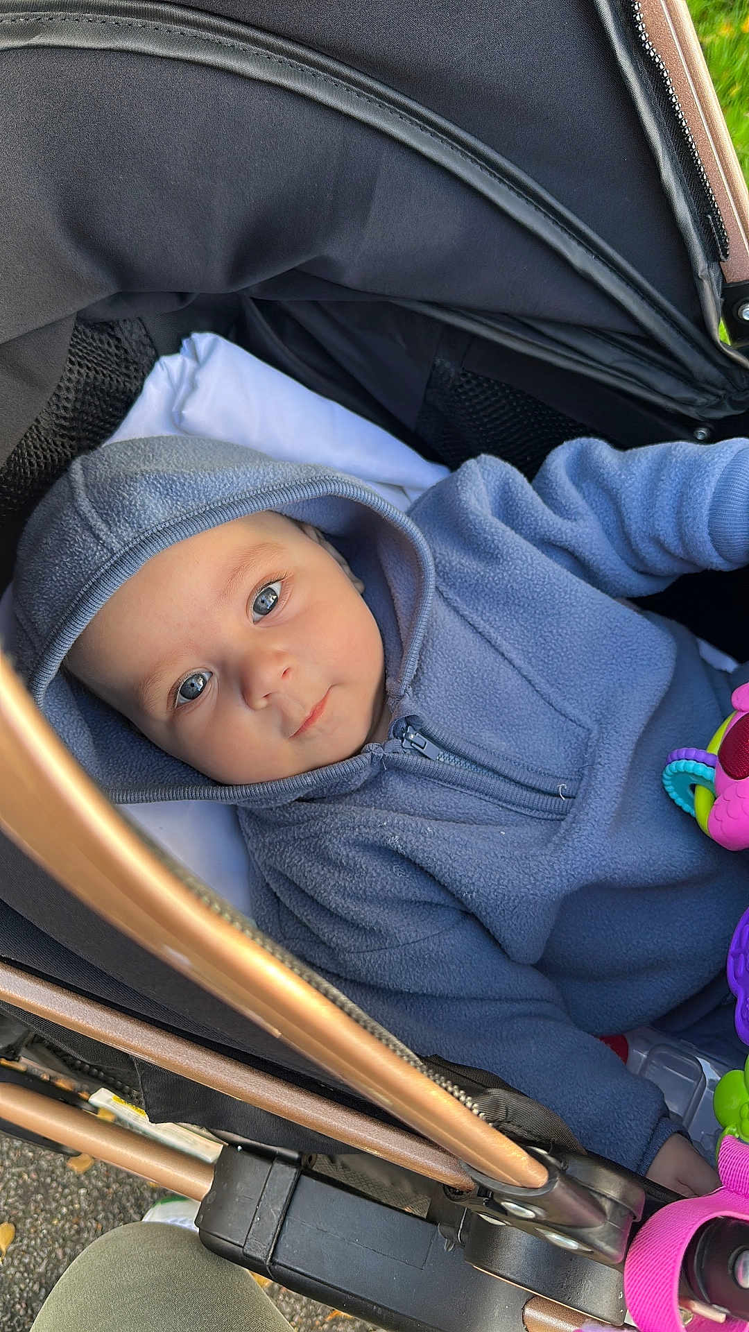 Noah Cristian is registered to the contest to win money with this photo: baby, child, blue_hoodie, fleece, stroller, toy, outdoor, face, eyes, hood, infant, cute, portrait, baby_toy, bundle, seated, warm_clothing, curious, expression, closeup