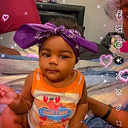 Dream joined the competition — help win amazing prizes! toddler, child, bandana, purple, orange_tank_top, bed, pillow, sparkles, hearts, filter, social_media, screenshot, person, indoor, cute, baby, hand, face, clothing, adult_arm