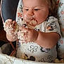 baby, child, high_chair, messy, cake, frosting, food, hands, face, cute, infant, eating, fun, expression, clothing, indoor, person, seat, playful, smudged